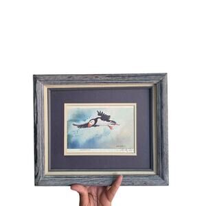 Vintage 70s Watercolor Puffin Flying Bird Wood Framed Art Signed Matted